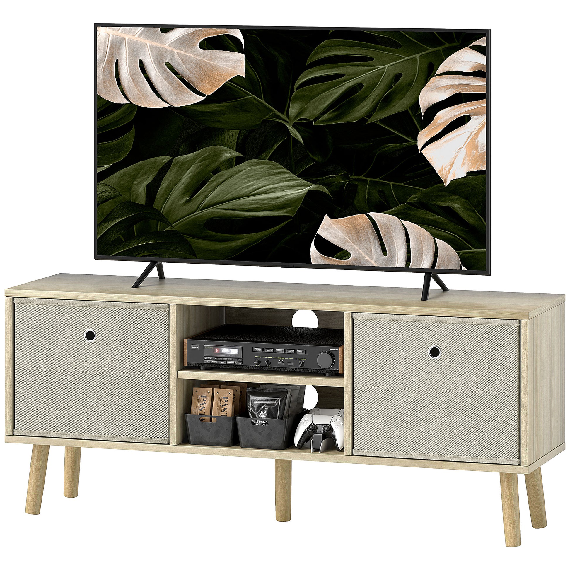 Modern TV Stand Cabinet with Foldable Drawers and Shelves for Living Room, Bedroom, Natural