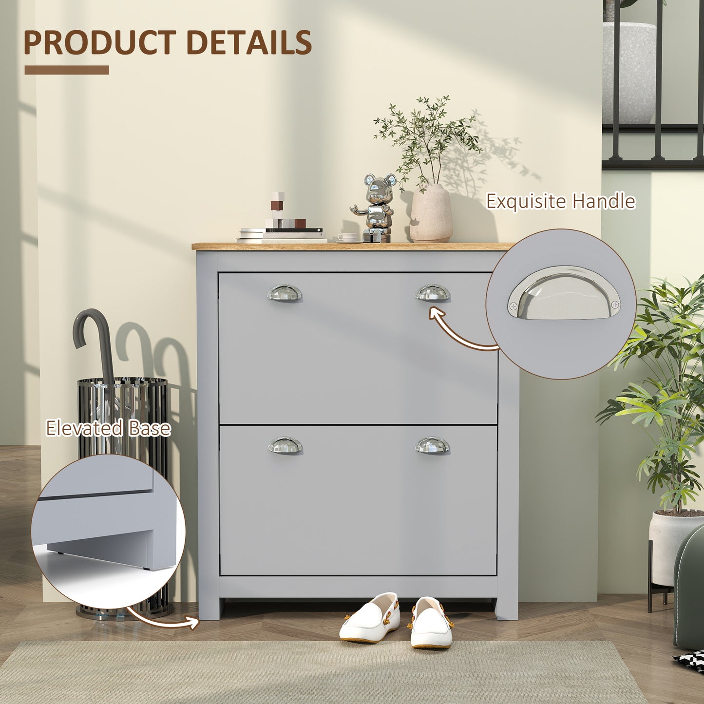 Entryway Shoe Cabinet with 2 Flip Drawers and Adjustable Shelves, 12 Pair Shoe Storage Organizer for Hallway, Grey
