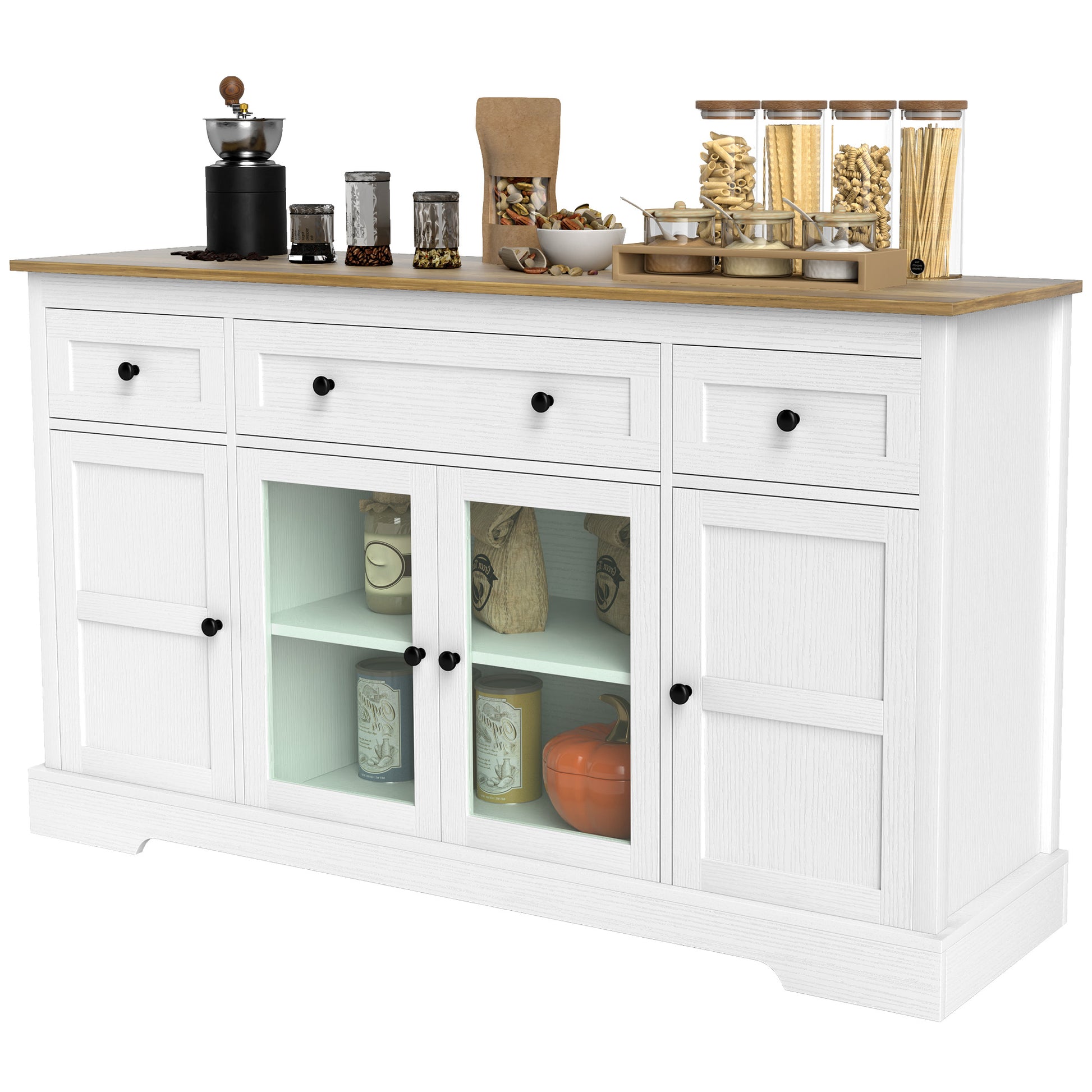 Sideboard Buffet Cabinet with Storage, Coffee Bar Cabinet with Glass Doors and Adjustable Shelves, Distressed White