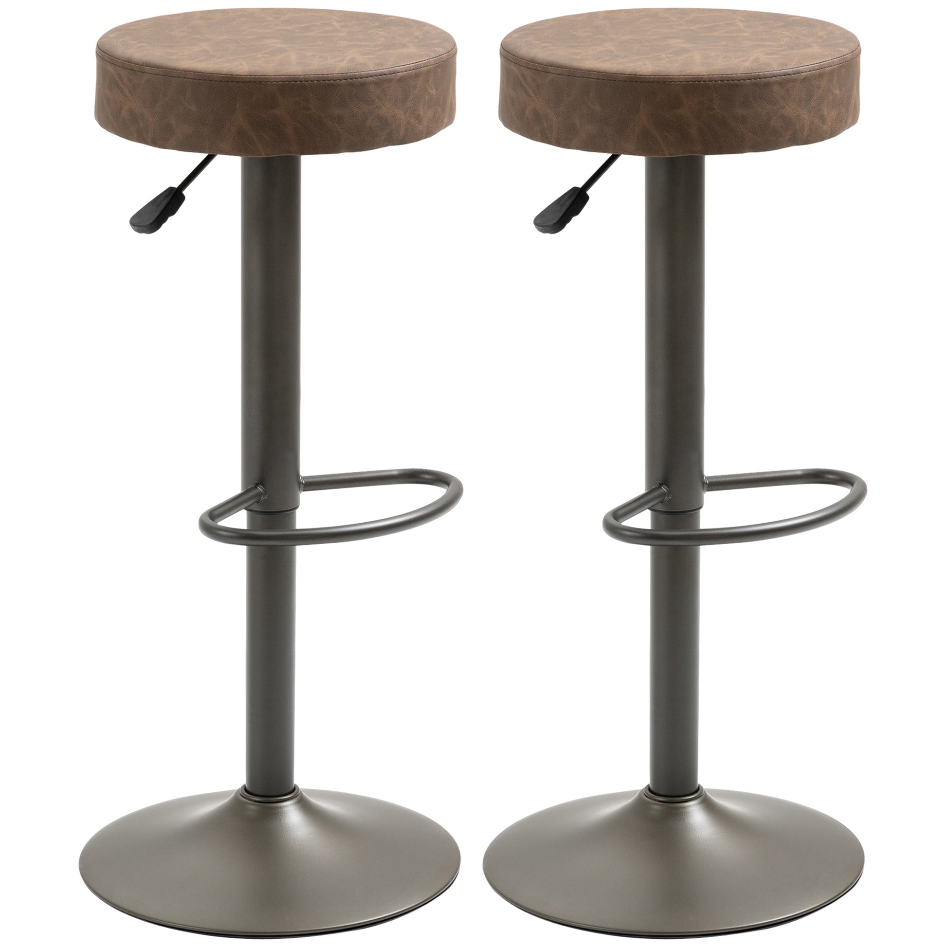 Modern Adjustable Bar Stools Set of 2, Swivel Barstool with Footrest, PU Leather Round Top for Kitchen, Brown