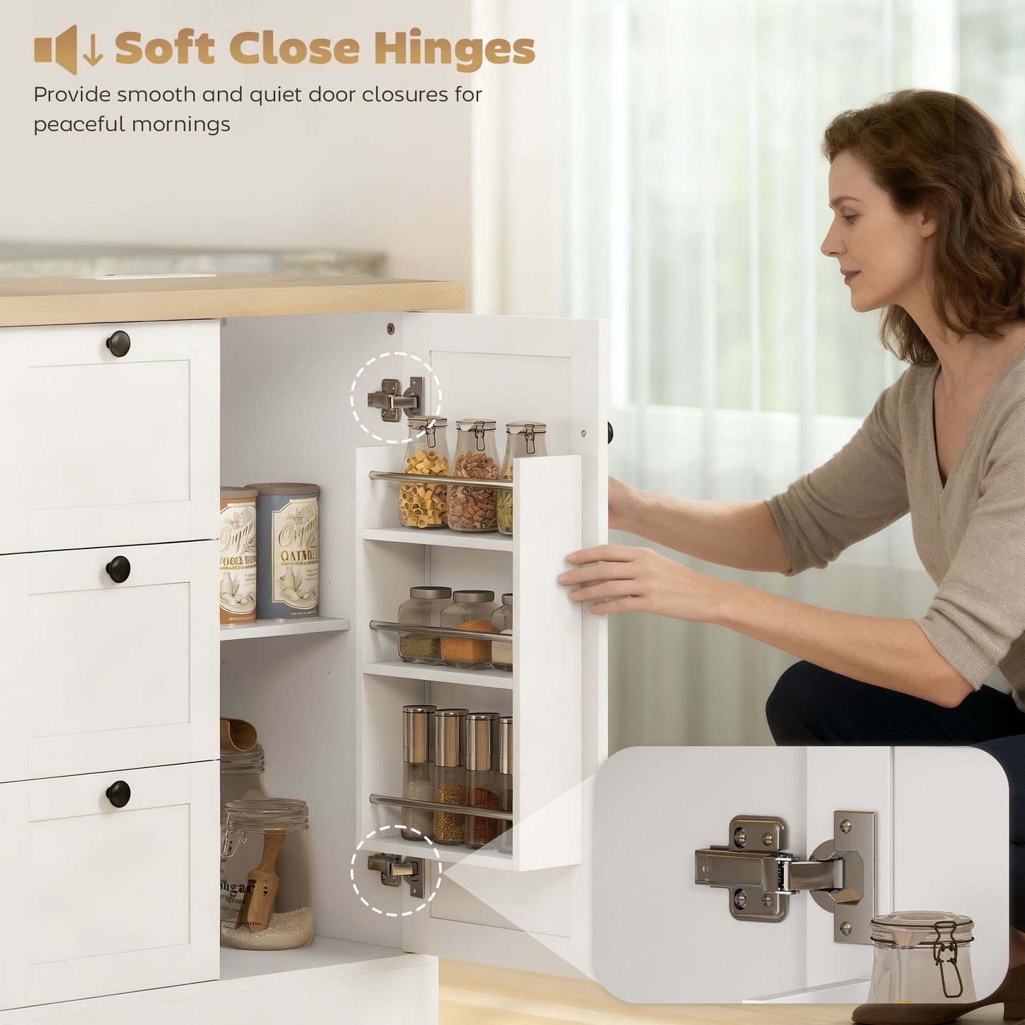 Farmhouse Kitchen Island Cart with Power Outlet and Soft-Close Doors, 49" Kitchen Island with 3 Drawers, White