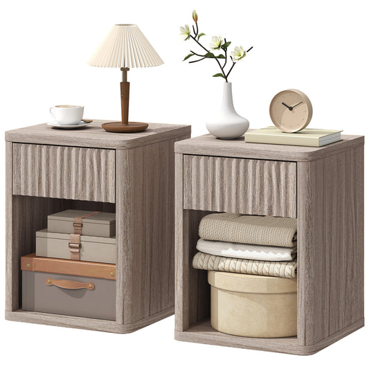 Nightstand with Drawer and Open Shelf, Modern Bedside Table Set of 2 for Bedroom Living Room, Grey