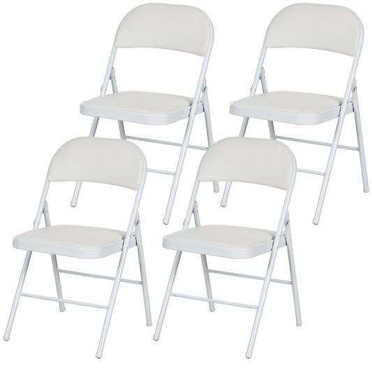Set of 4 Metal Foldable Chairs, PU Leather Padded Folding Chairs with Cushion Seat and Open Back for Indoor, White