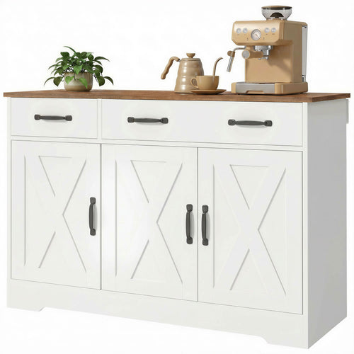 Sideboard Buffet Cabinet, 43" Farmhouse Kitchen Cabinet with 3 Barn Doors, 2 Drawers, 2 Adjustable Shelves, White