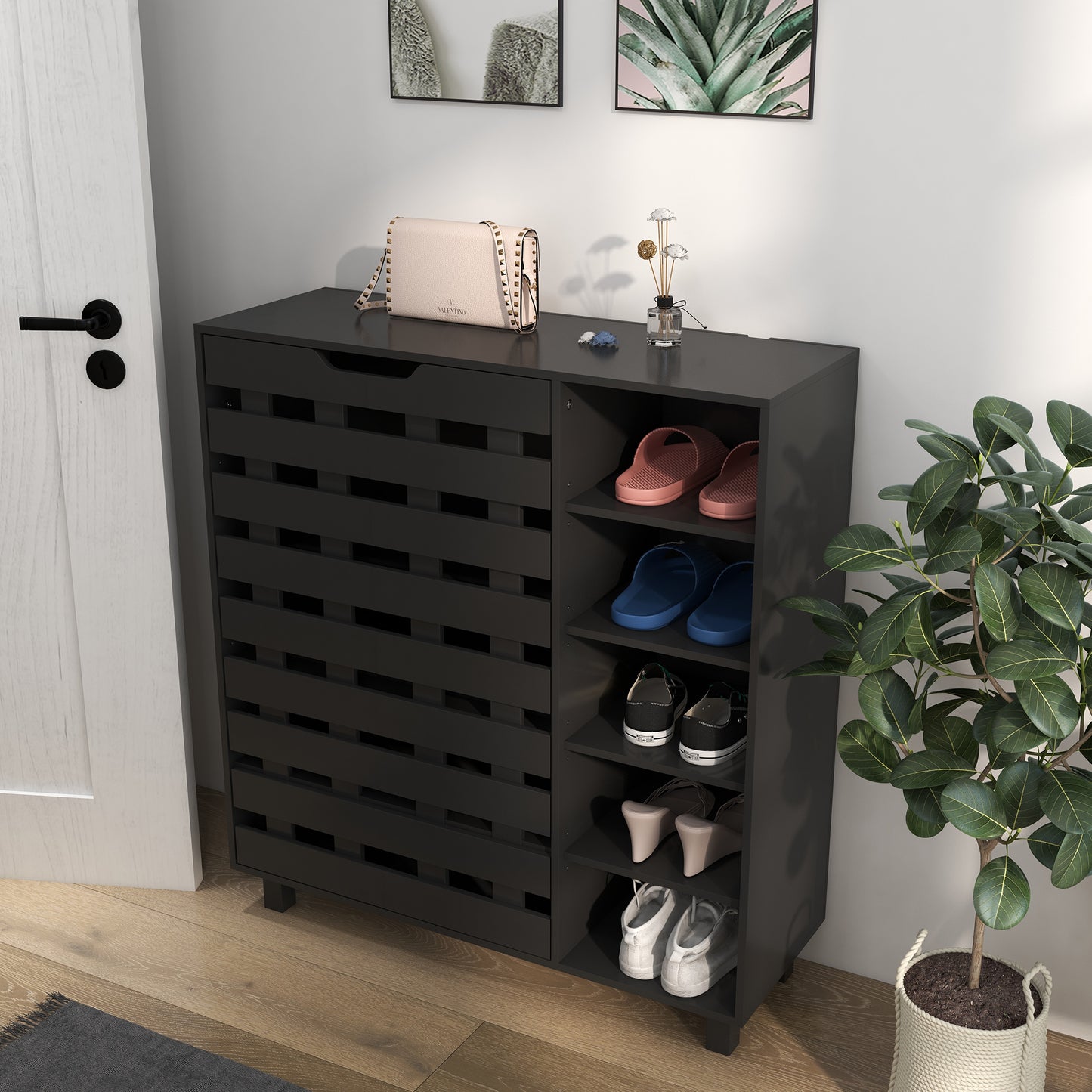 Shoe Cabinet, 21 Pair Shoe Storage Cabinet Organizer with 5-tier Double Door Cupboard and 5-tier Open Shelves, Black