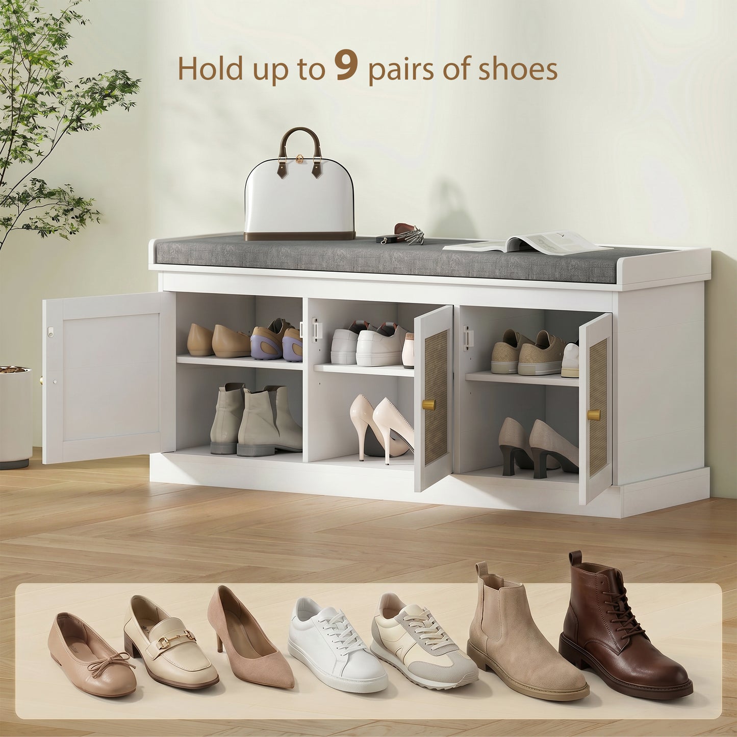Shoe Storage Bench with Woven Rattan Doors, Shoe Bench with Cushion, Adjustable Shelves, Entryway Bench, White