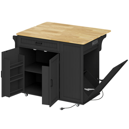 Kitchen Island Cart, Portable Kitchen Island Table with Charging Station, Rubber Wood Drop Leaf, Trash Storage, Black