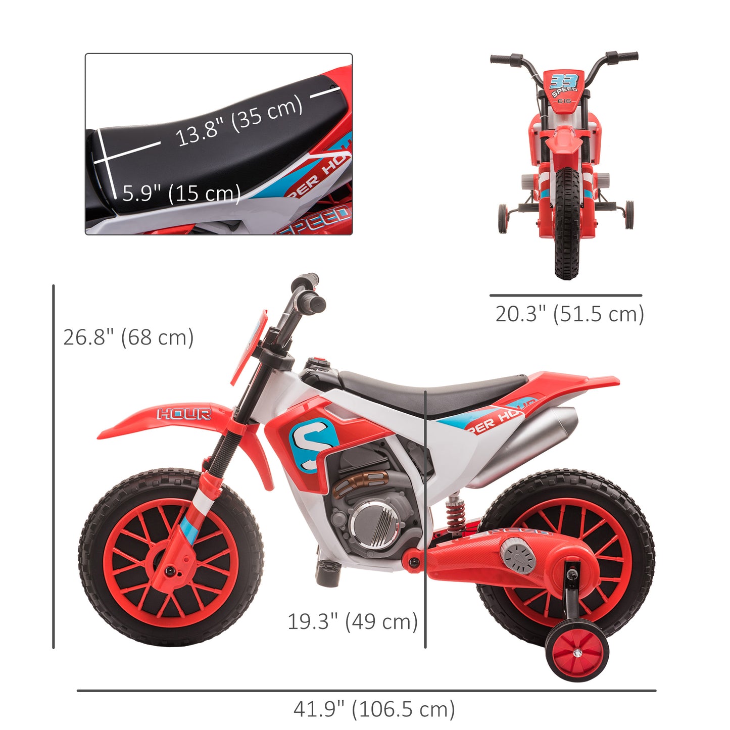Aosom Kids Dirt Bike 12V Battery-Powered Ride-On Electric Motorcycle with Charging Battery, Training Wheels Red