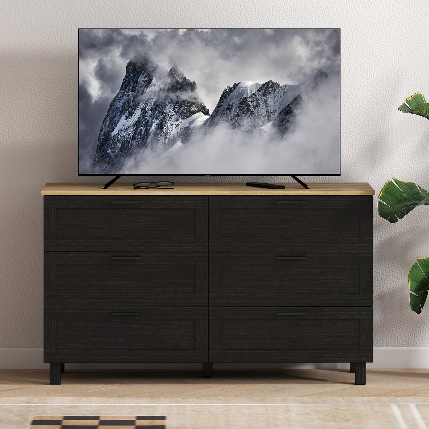 47" Wide Chest of Drawers, Modern Dresser with 6 Drawers and Wood Legs for Bedroom, Living Room, Entryway, Black
