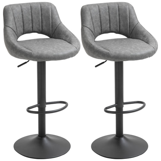 Bar Stools Set of 2, Swivel Counter Height Barstools with Adjustable Height and Cutout Back, Faux Leather Upholstered Bar Chairs with Round Metal Base and Footrest, Grey