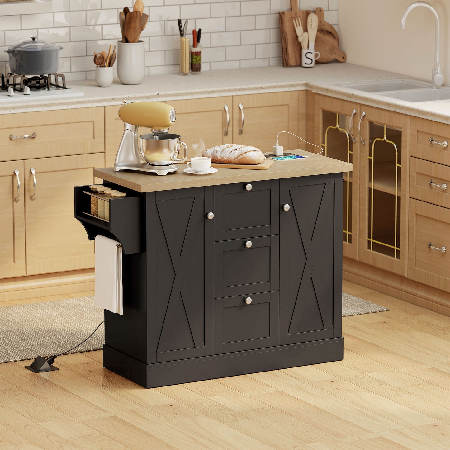 Farmhouse Kitchen Island Cart with Power Outlet and Soft-Close Doors, 49" Kitchen Island with 3 Drawers, Black