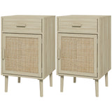 Boho Bedside Tables Set of 2, Nightstands with Drawer, Rattan Cabinet, Adjustable Shelf for Bedroom, Living Room, Oak