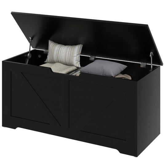 39.4 Inches Storage Chest, Storage Trunk with 2 Safety Hinges for Living Room, Black Wood Grain