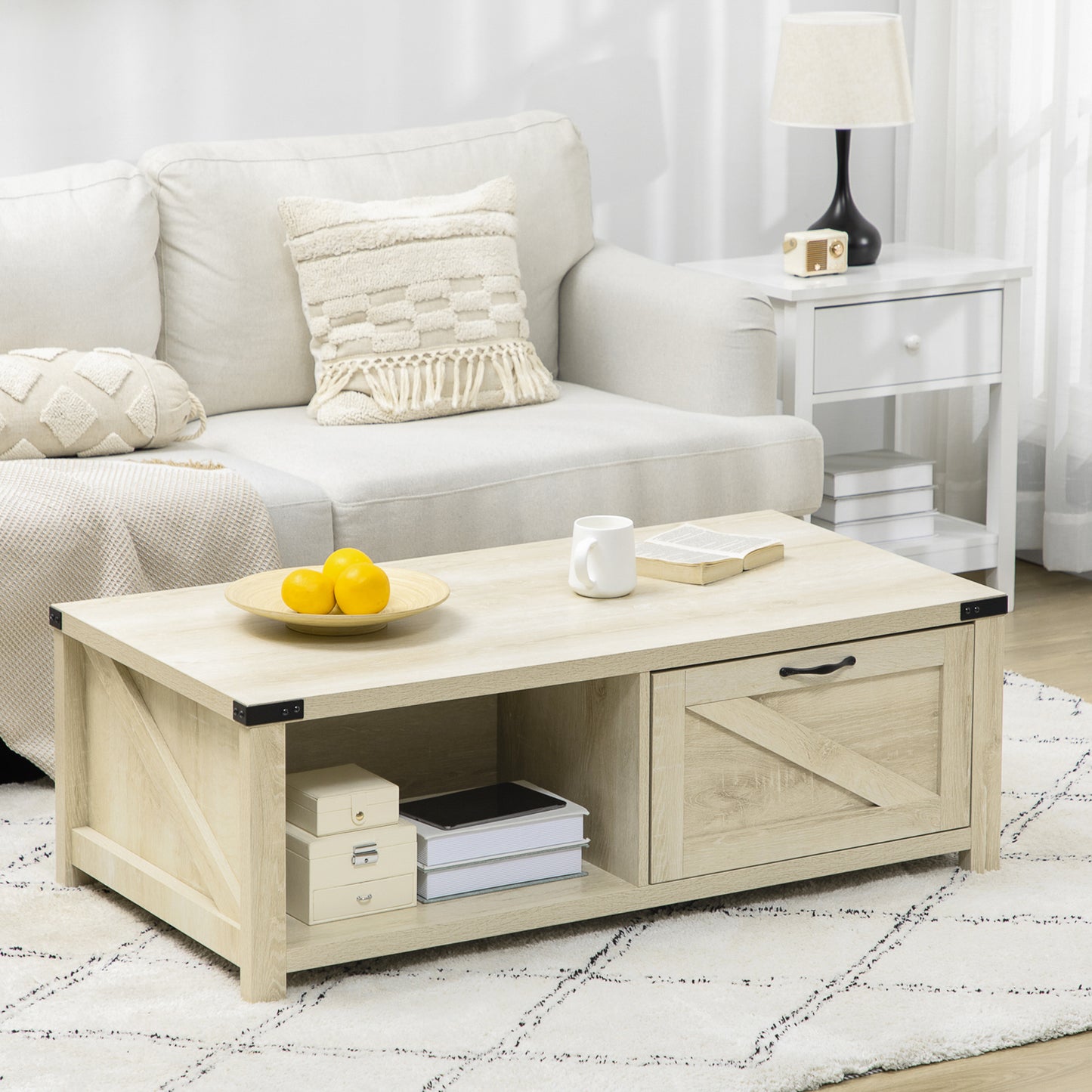 Industrial Coffee Table Side End Table with Drawer, Open Storage Shelf, Modern Farmhouse Furniture, for Living Room, Dining Room, Office, White Oak