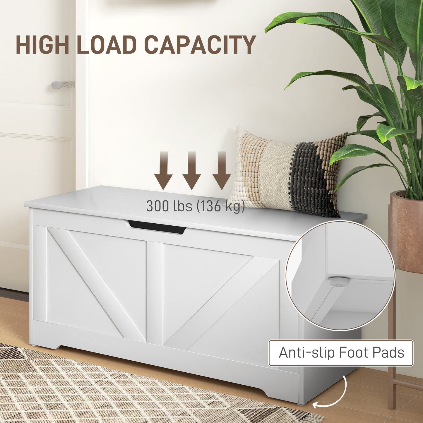 39.4 Inches Storage Chest, Storage Trunk with 2 Safety Hinges for Living Room, White Wood Grain