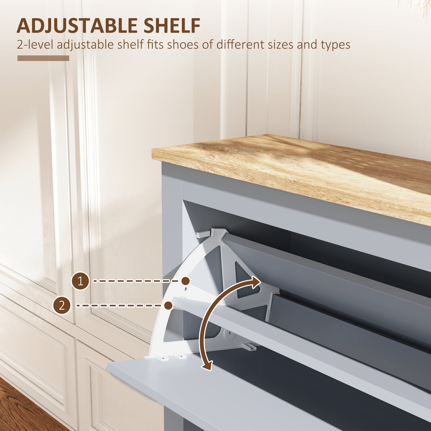 Entryway Shoe Cabinet with 2 Flip Drawers and Adjustable Shelves, 12 Pair Shoe Storage Organizer for Hallway, Grey