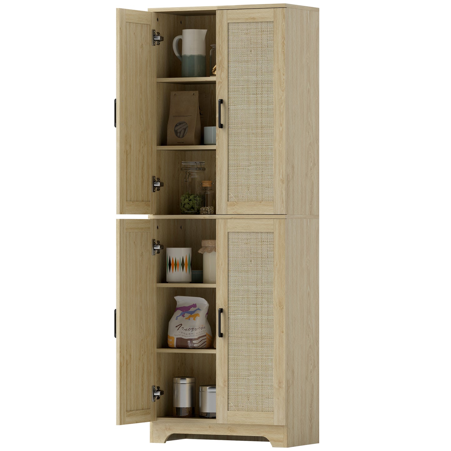 67" Tall Kitchen Pantry, Freestanding Kitchen Storage Cabinet with 4 Rattan Doors and Adjustable Shelves, Oak