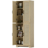 67" Tall Kitchen Pantry, Freestanding Kitchen Storage Cabinet with 4 Rattan Doors and Adjustable Shelves, Oak