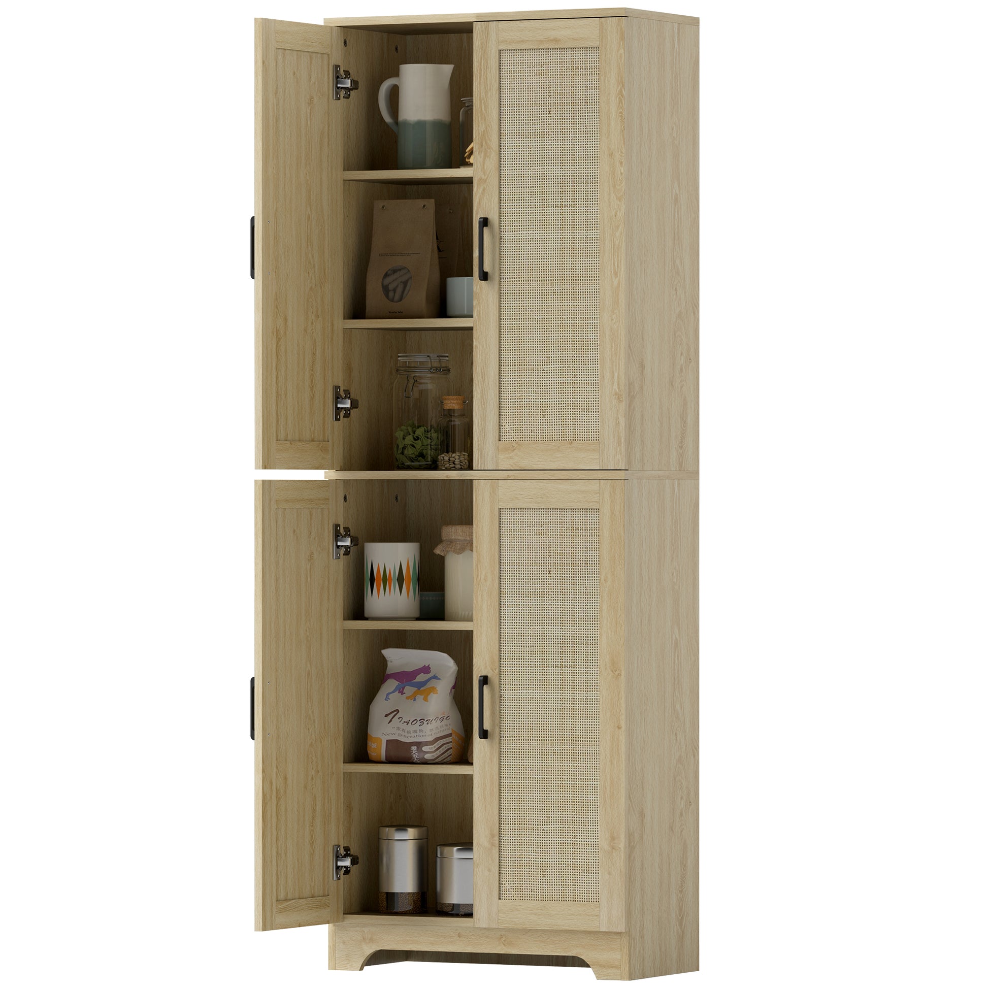67" Tall Kitchen Pantry, Freestanding Kitchen Storage Cabinet with 4 Rattan Doors and Adjustable Shelves, Oak
