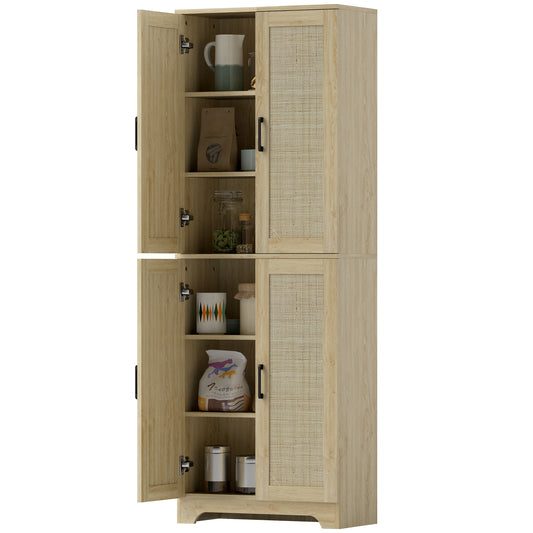 67" Tall Kitchen Pantry, Freestanding Kitchen Storage Cabinet with 4 Rattan Doors and Adjustable Shelves, Oak