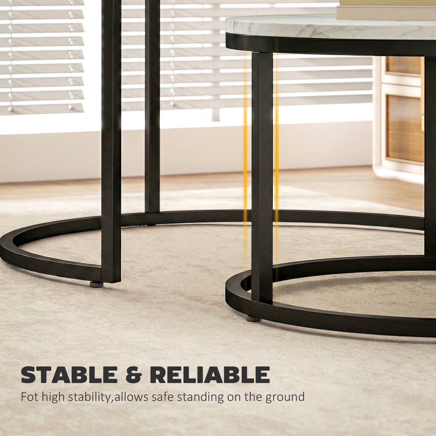 Modern Coffee Table Set of 2, Nesting Side Tables w/ Metal Base for Living Room Bedroom Office Marble White