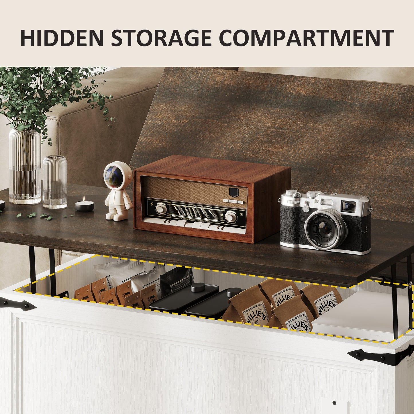 Lift Top Coffee Table with Charging Station, Square Farmhouse Center Table with Hidden Storage, White Wood Grain