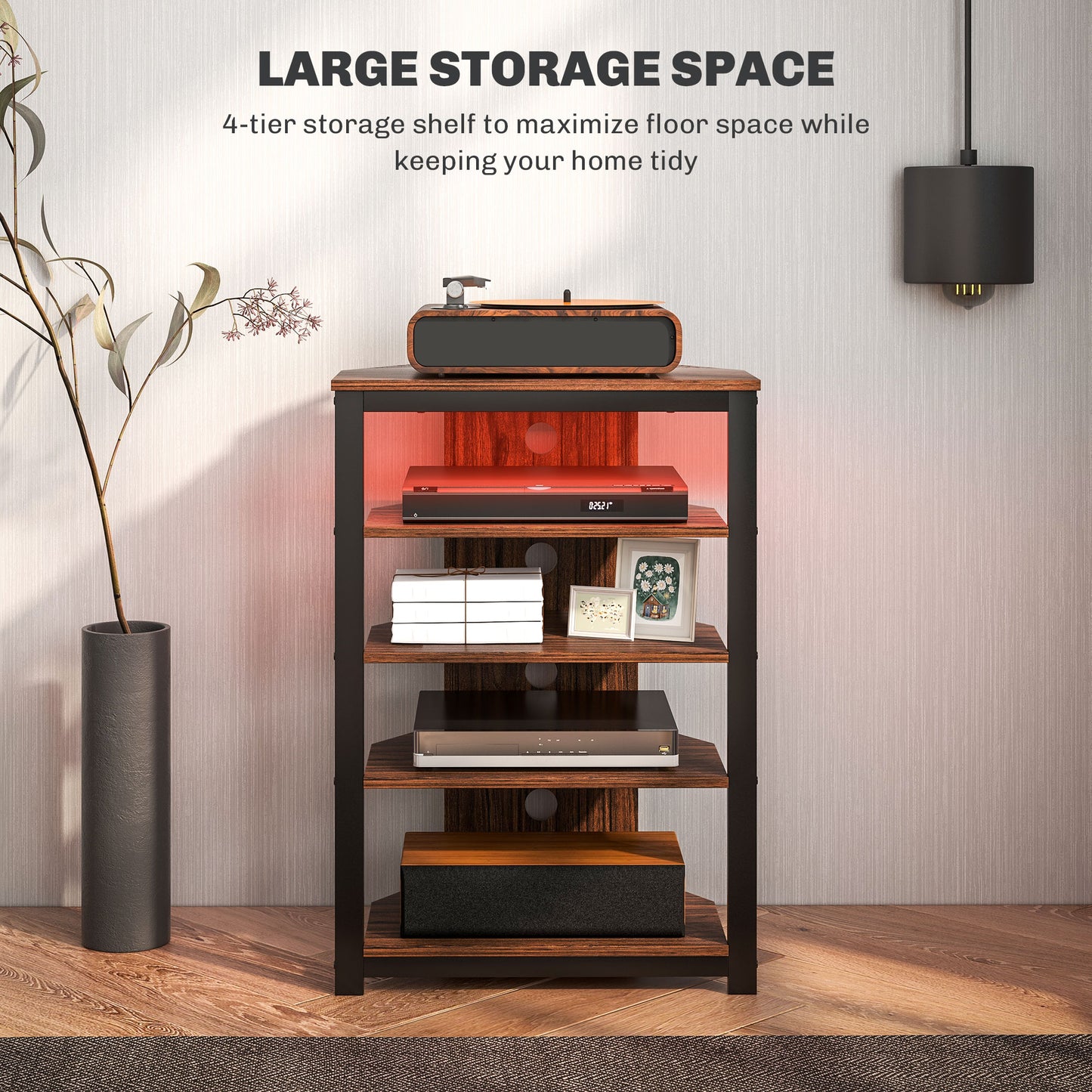 TV Stand for TVs up to 29", Entertainment Center with 4-Tier Storage Shelves and LED Lights for Living Room