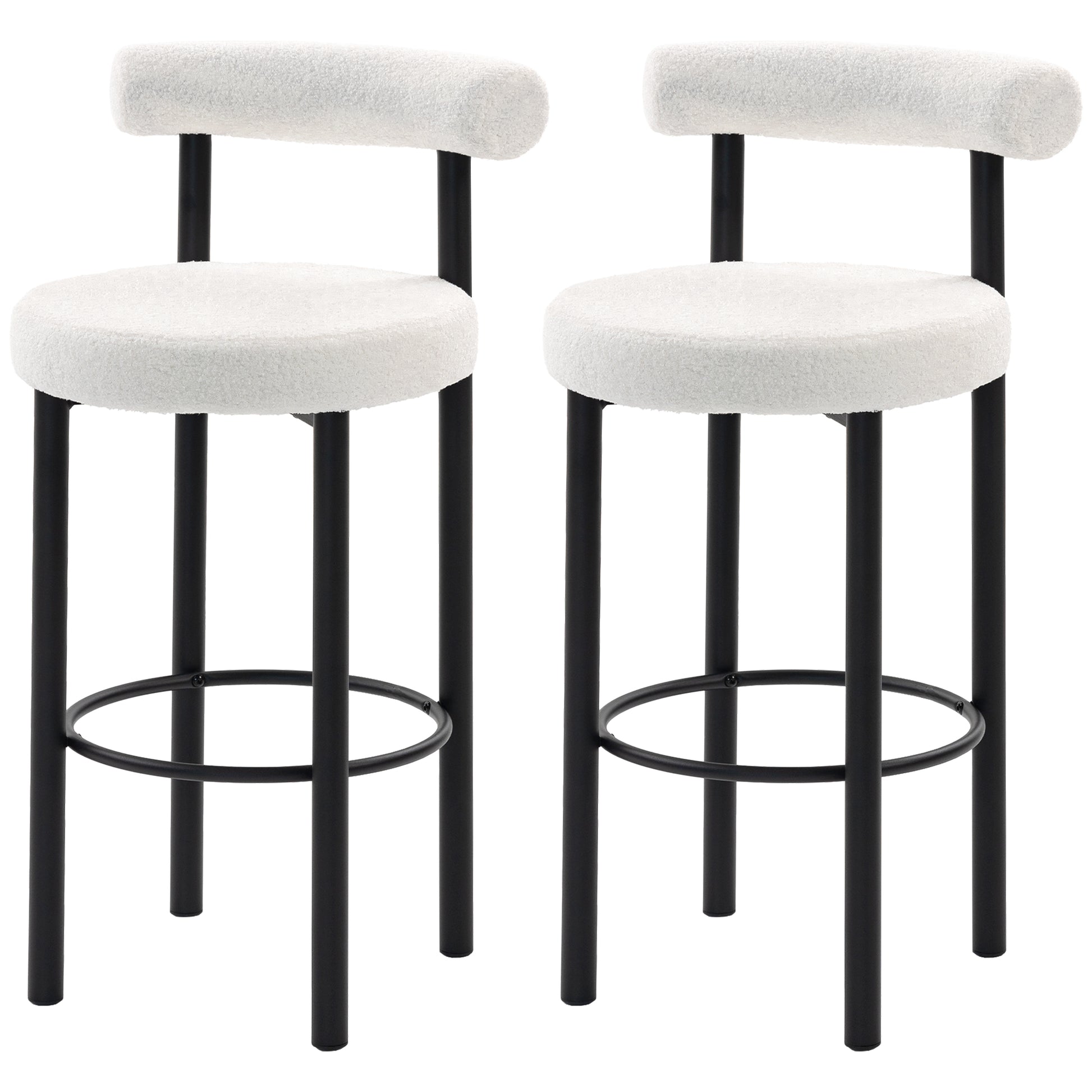 Bar Stools Set of 2, Sherpa Upholstered Barstools with Backrest, Bar Height Stools with Footrest for Kitchen Island