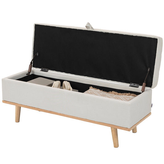 Storage Ottoman Bench, Foot Rest with Lift-Up Lid and Wood Legs, Linen Storage Chest for Living Room, Cream White