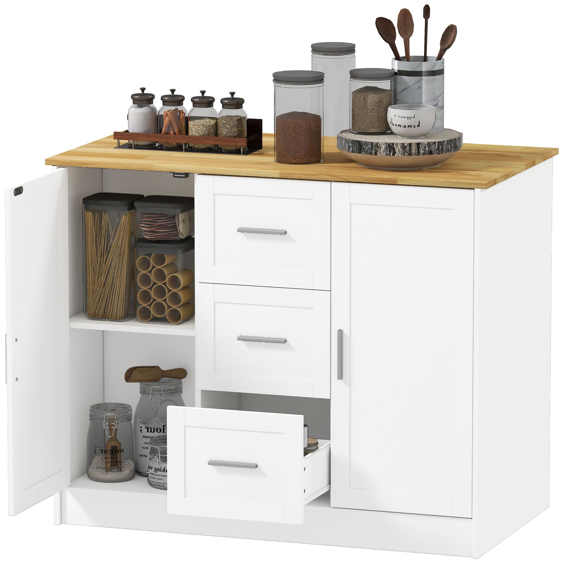 Kitchen Island with Storage Cabinets, Spacious Countertop 3 Drawers, 2 Adjustable Shelves and Sitting Space for Dining Room, White