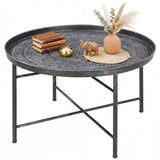 Vintage Coffee Table for Living Room, 24" Round Center Table with Hammered Tray Top and Metal Frame, Pewter