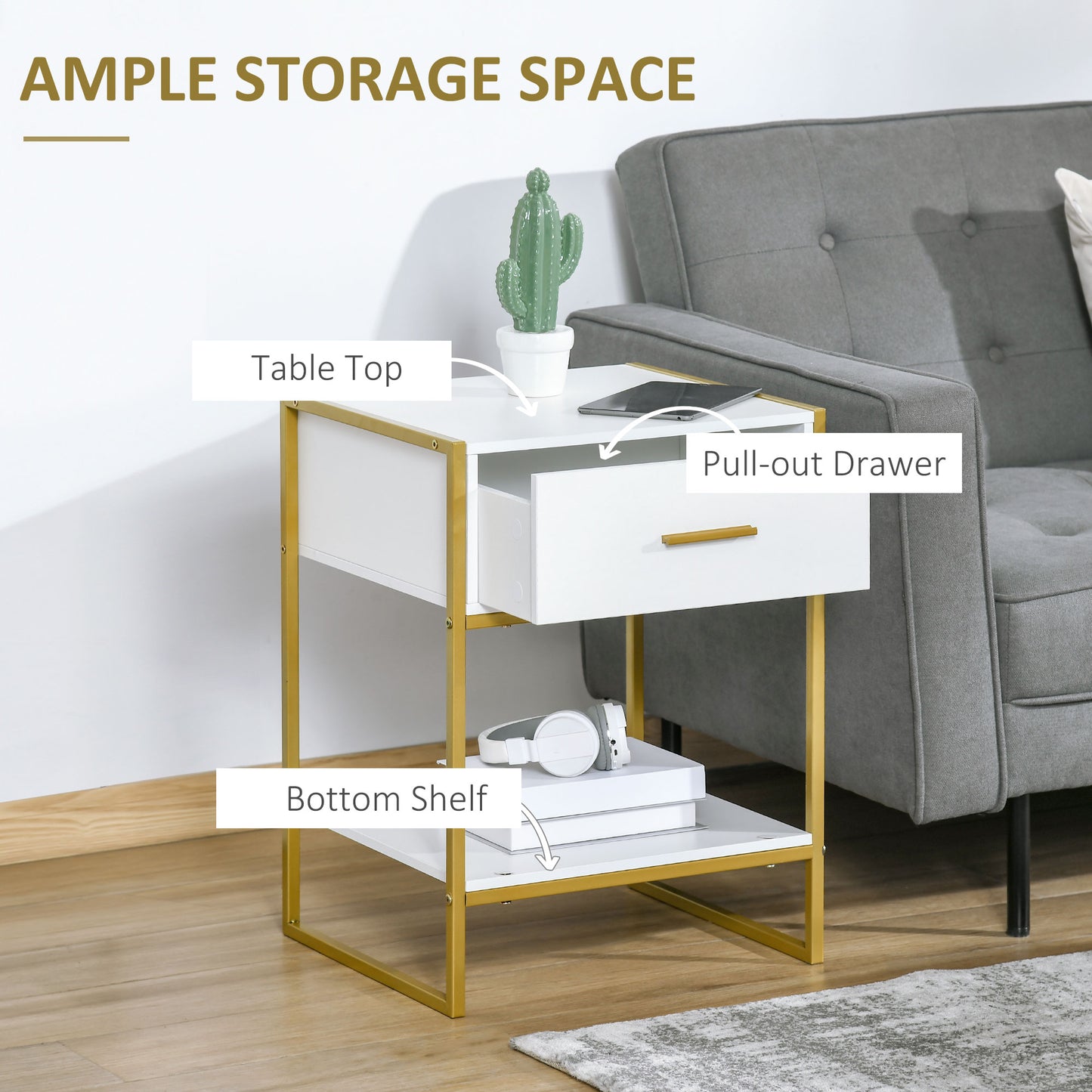 Nightstand Set of 2, Modern Bedside Table with Drawer and Shelf, Bedside Cabinets for Bedroom, White