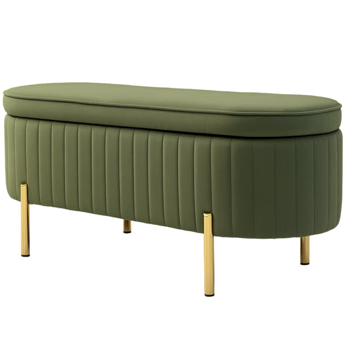 Upholstered Bedroom Bench, Channel Tufted Ottoman Bench with Thick Padding and Metal Legs, Dark Green