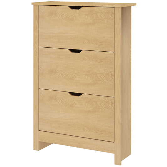 Shoe Storage Cabinet with 3 Flip Drawers and Adjustable Shelves for 18 Pairs of Shoes, Natural Wood