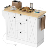 Farmhouse Kitchen Island Cart with Power Outlet and Soft-Close Doors, 49" Kitchen Island with 3 Drawers, White