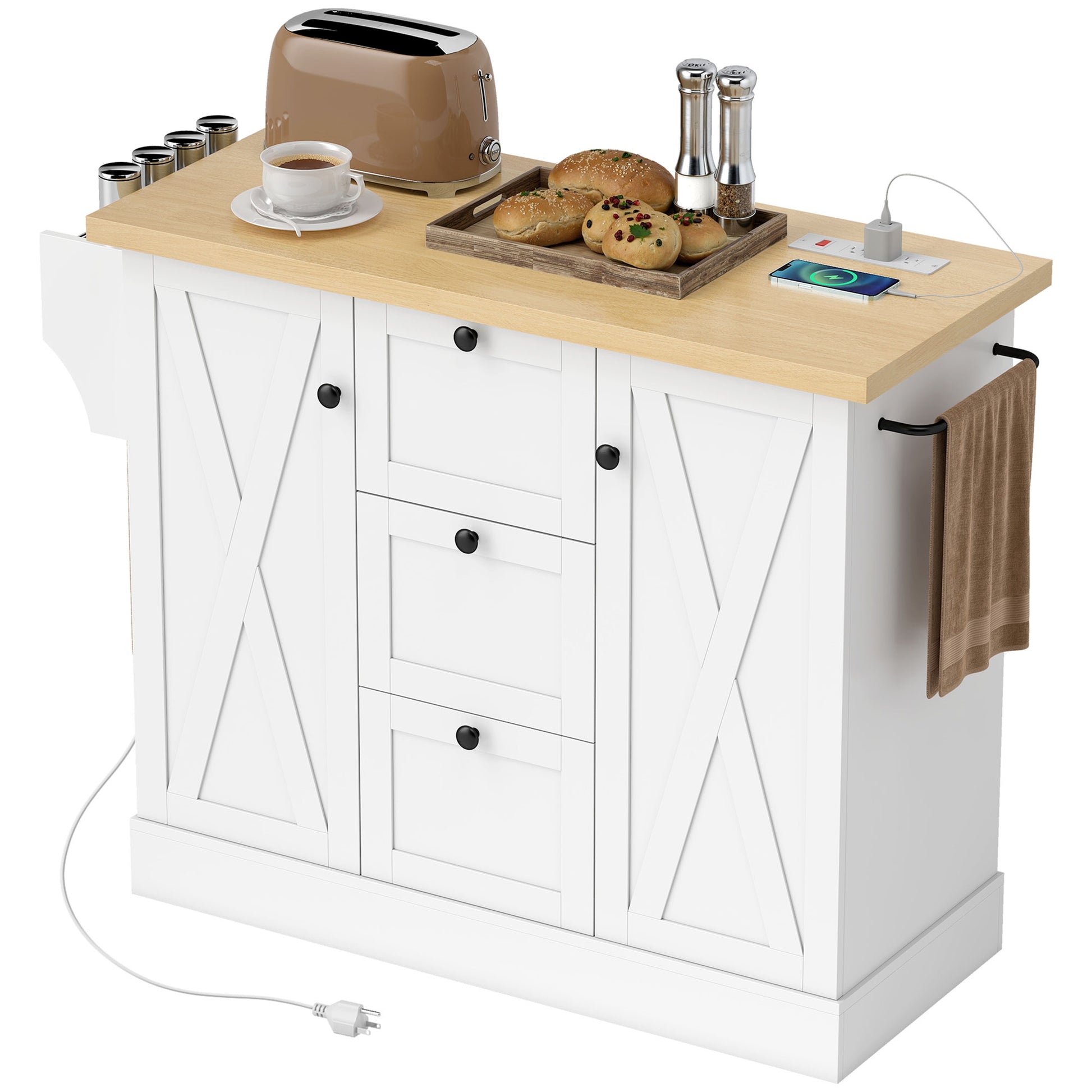 Farmhouse Kitchen Island Cart with Power Outlet and Soft-Close Doors, 49" Kitchen Island with 3 Drawers, White