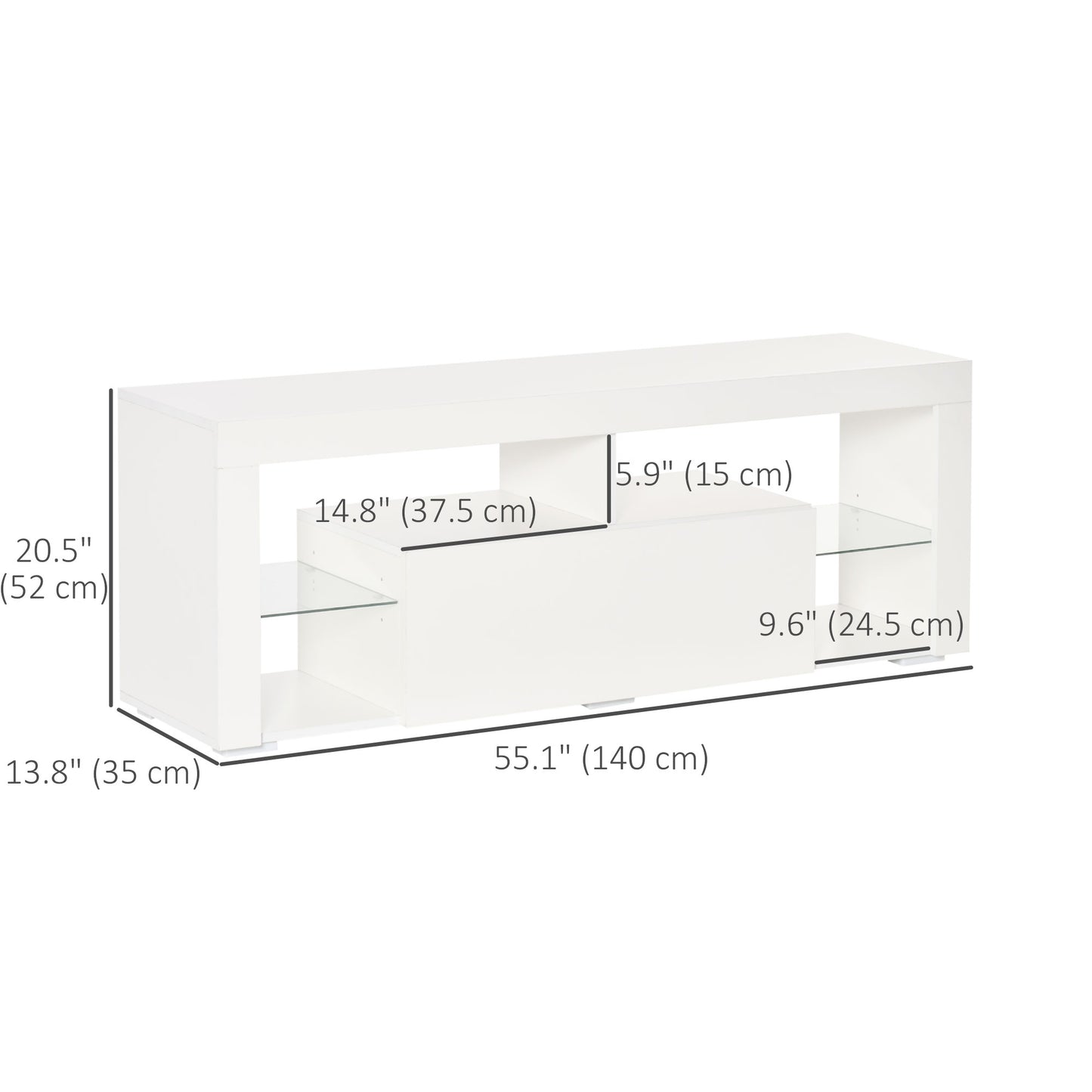 TV Stand for 55-Inch TVs, High Gloss TV Bench with LED Lights, Remote Control, Storage Drawer and Shelves, Entertainment Unit for Living Room, Bedroom, White