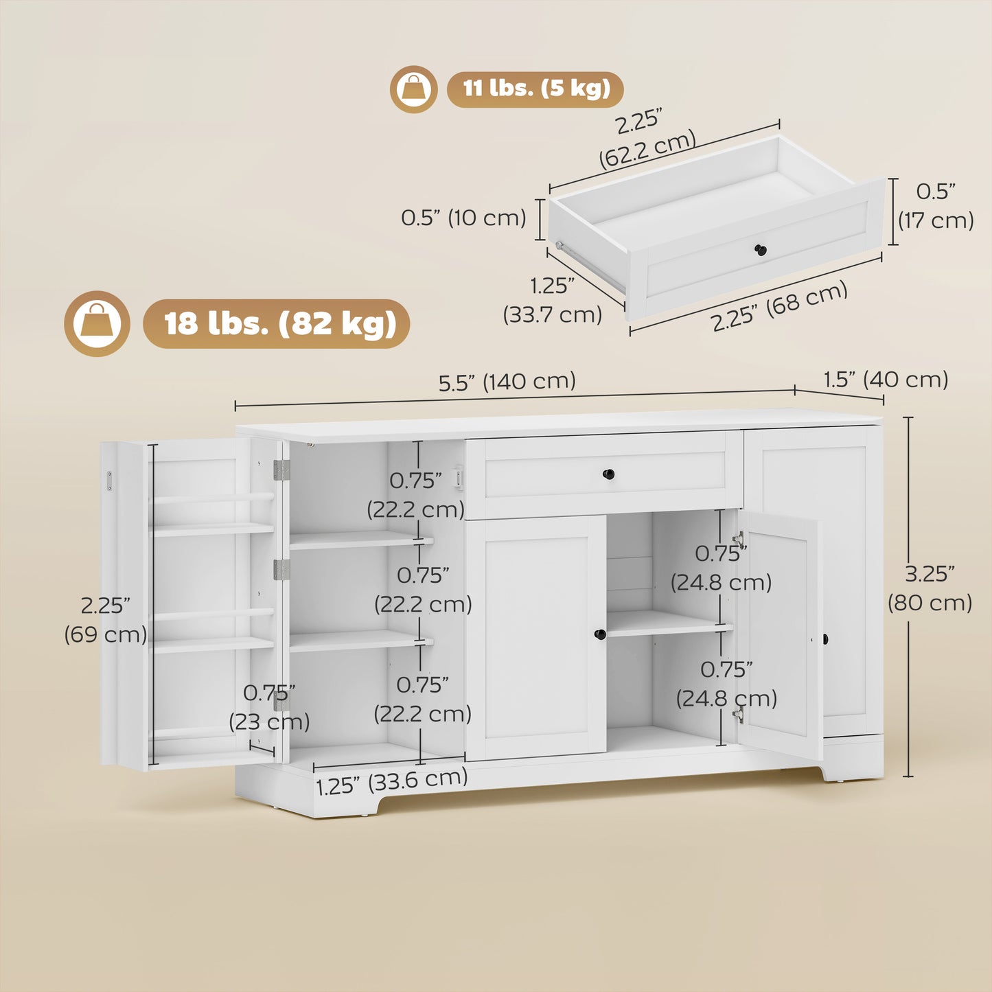 55" Modern Kitchen Storage Cabinet with Drawer, Adjustable Shelves, Small Kitchen Pantry with Door Racks, White