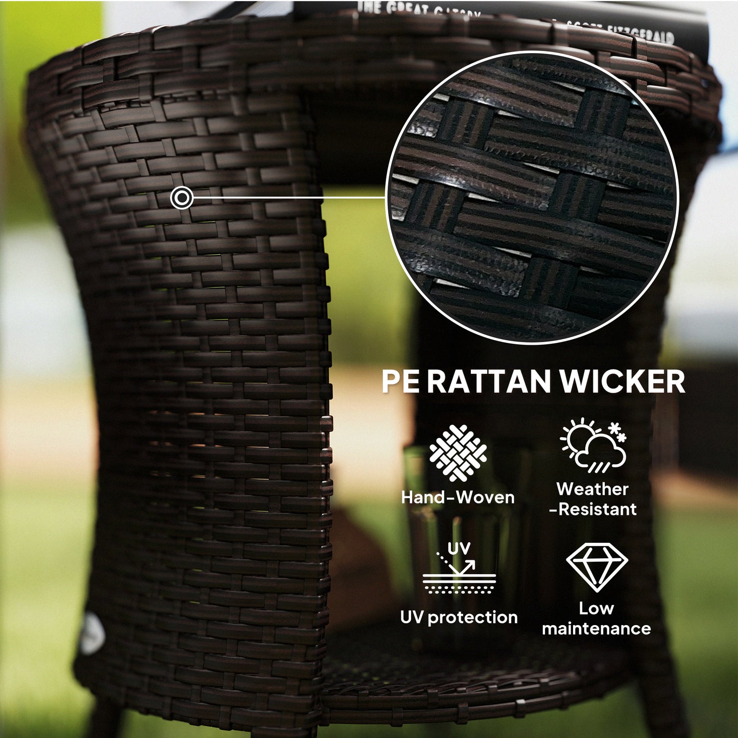 18" Wicker Outdoor Coffee Table, PE Rattan Patio Side Table with 2-Tier Storage, Composite Wood Top, Brown
