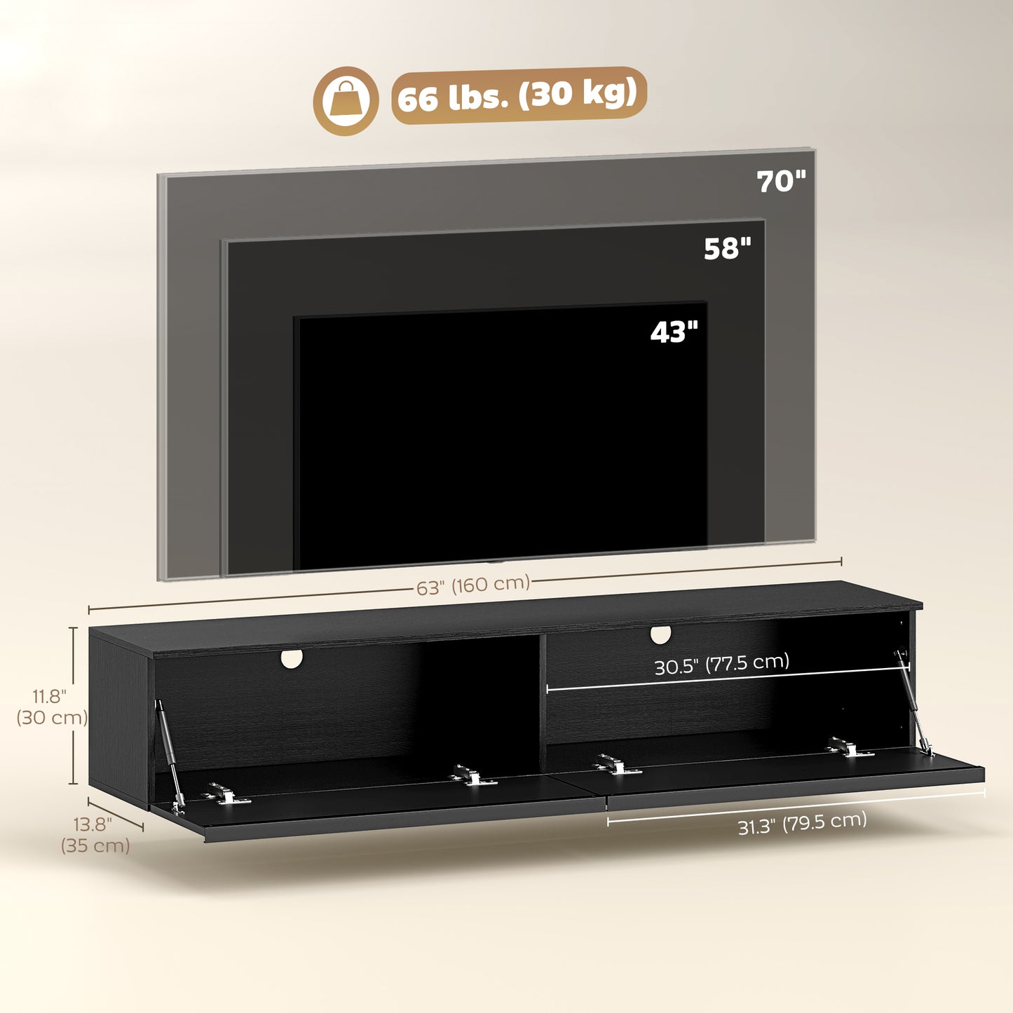 Wall Mounted TV Stand, Floating TV Cabinet with Storage, for TVs up to 70", High Gloss Effect, Black