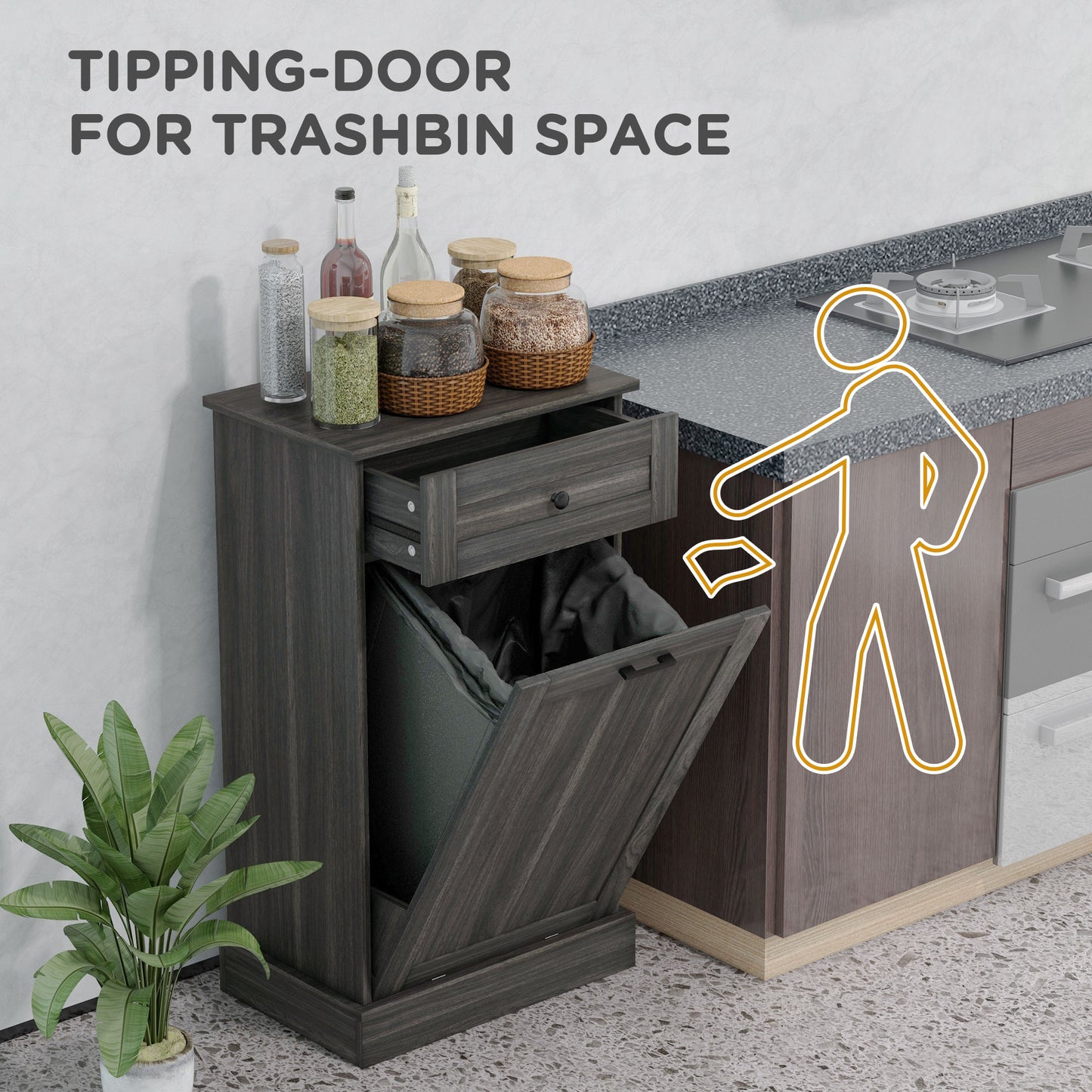 Kitchen Tilt Out Trash Bin Cabinet, Free Standing Recycling Cabinet, Trash Can Holder with Drawer, Charcoal Grey