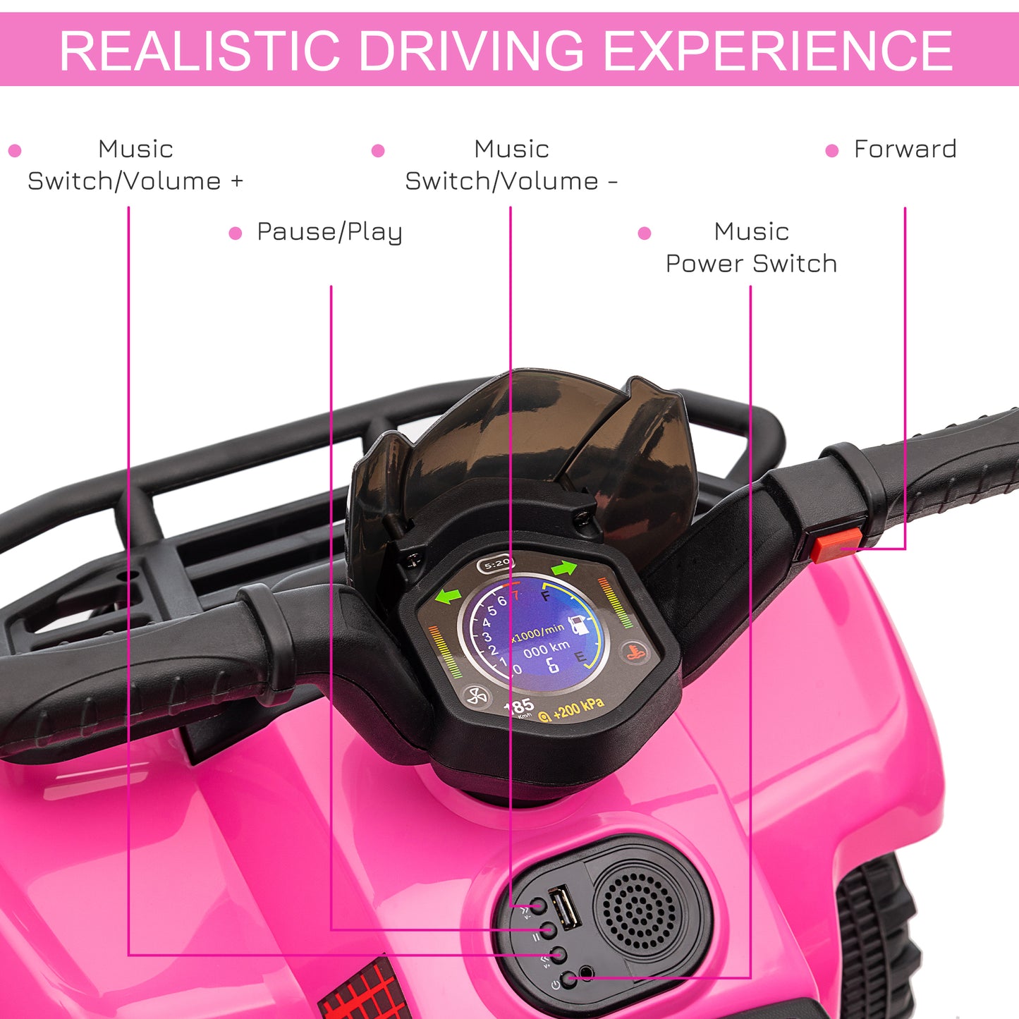 Aosom 6V Kids ATV Quad, 4 Wheeler Battery Powered Electric Ride on Car with Music, Forward, for Boys and Girls Ages 18-36 Months, Pink