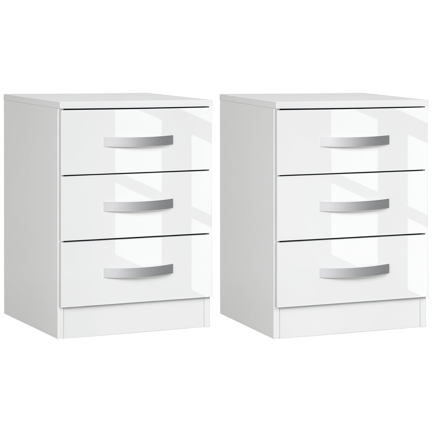 Modern Nightstand Set of 2, Bedside Tables with 3 High Gloss Drawers for Bedroom, White
