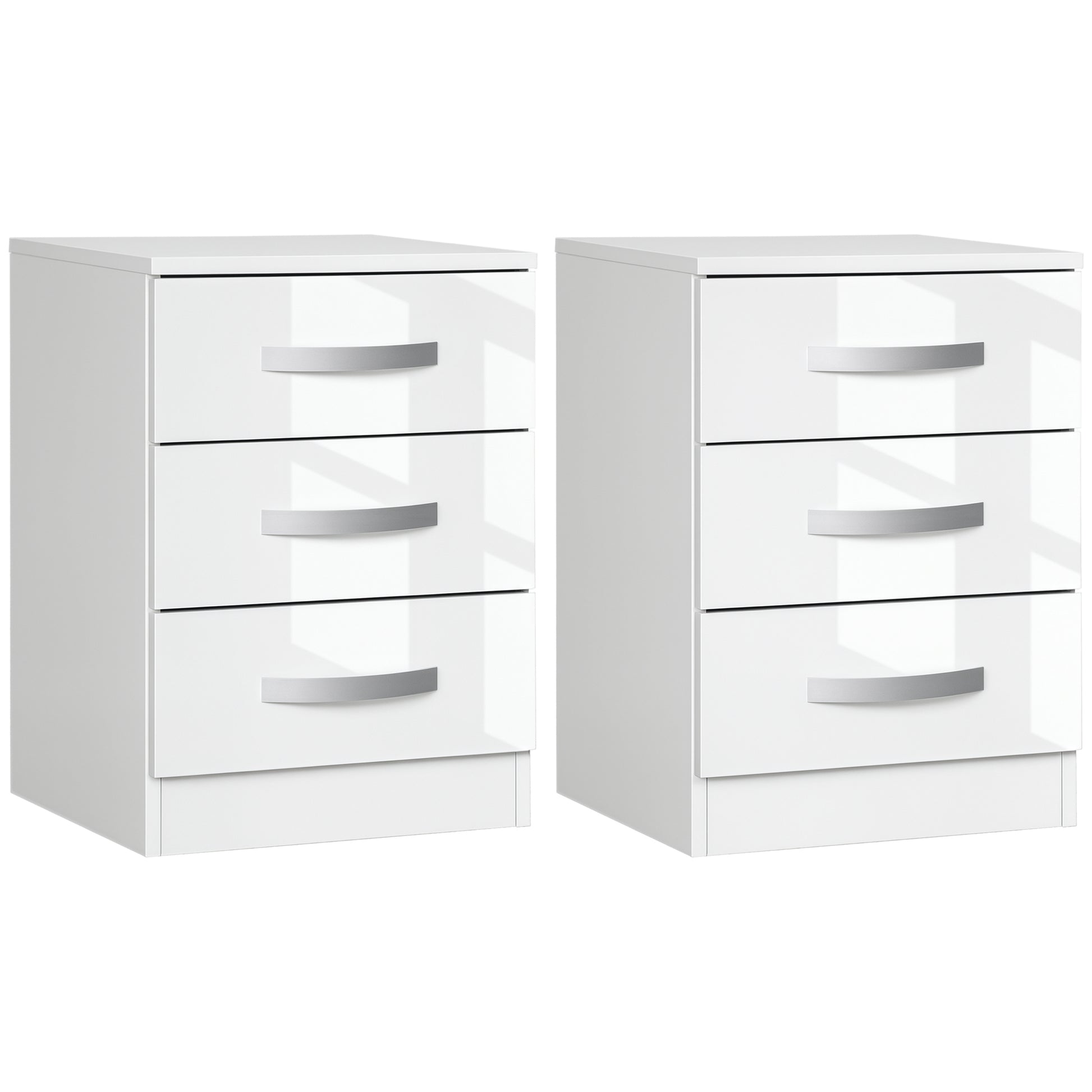 Modern Nightstand Set of 2, Bedside Tables with 3 High Gloss Drawers for Bedroom, White
