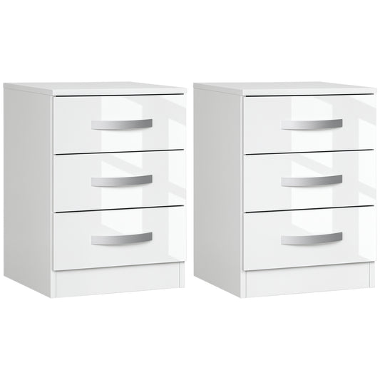 Modern Nightstand Set of 2, Bedside Tables with 3 High Gloss Drawers for Bedroom, White
