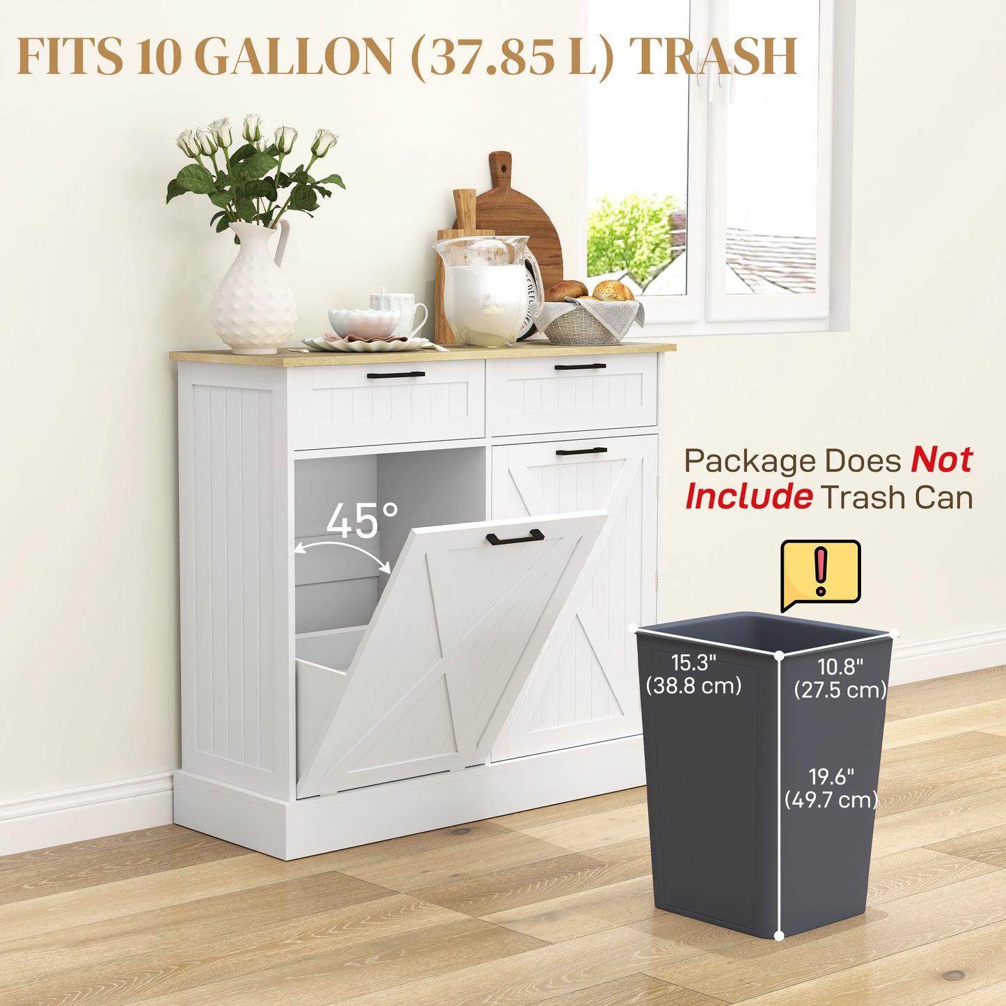 10 Gallon Hidden Garbage Bin Cabinet, Tilt Out Trash Cabinet w/ 2 Drawers, Freestanding Kitchen Island, White