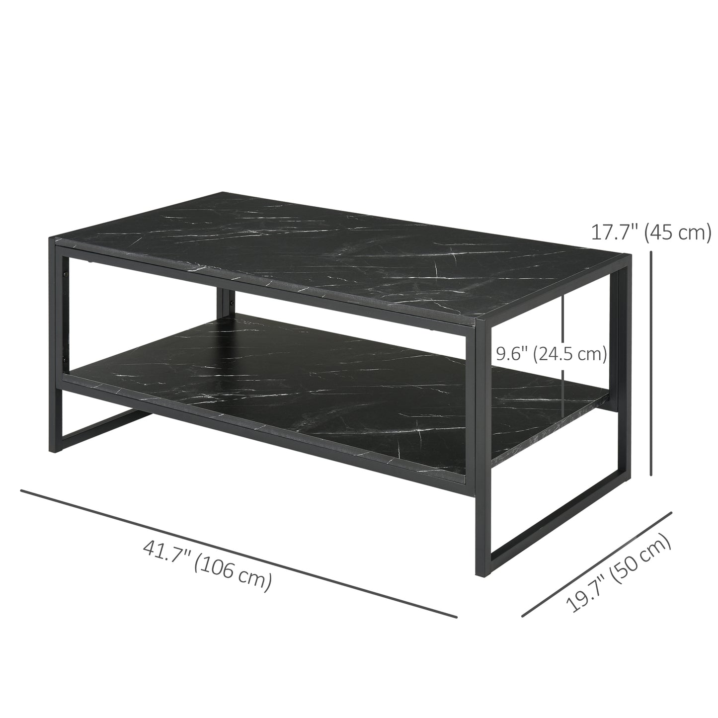 2-Tier Coffee Table with Storage Shelf, Cocktail Table with Marble Textured Table Top, for Living Room Bedroom Dorm, Black