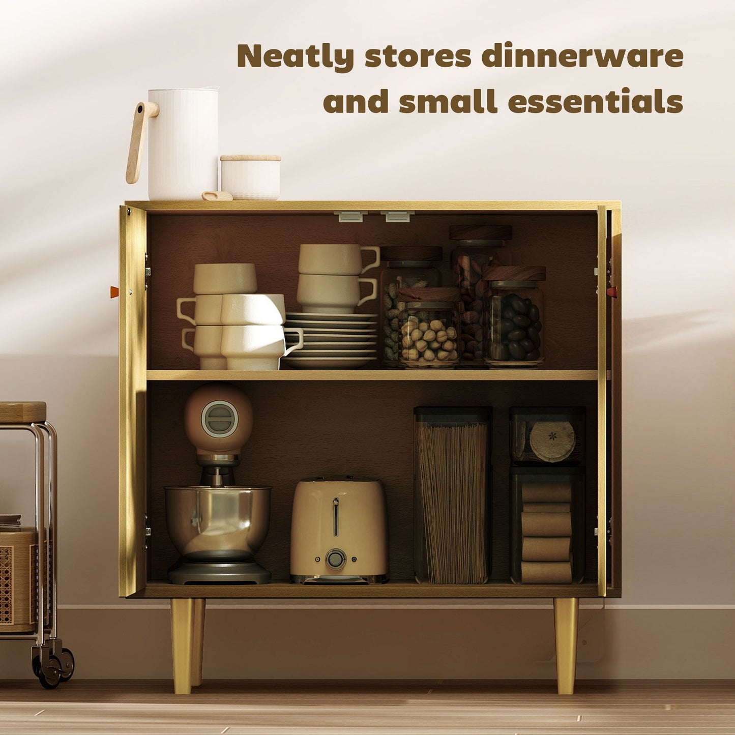 Sideboard with Adjustable Shelf, Buffet Cabinet with 2 Doors and Gold Steel Legs for Dining Room, Oak