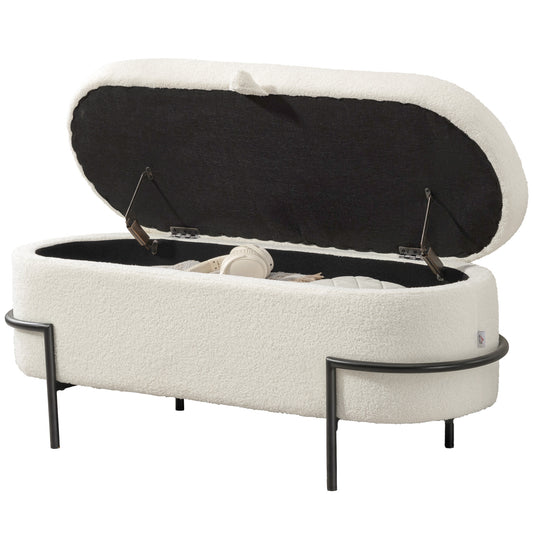 Storage Ottoman with Lift-Up Lid and Steel Legs, 45 Inches Sherpa Fleece Storage Chest for Living Room, Cream White