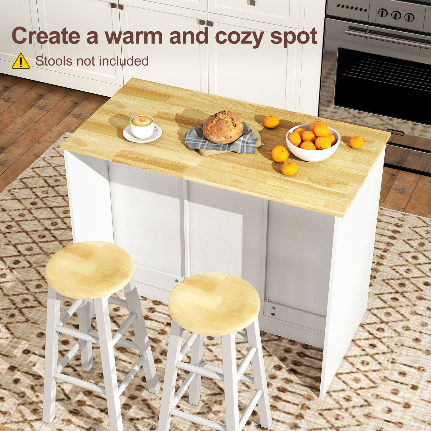 Kitchen Island with Storage Cabinets, Spacious Countertop 3 Drawers, 2 Adjustable Shelves and Sitting Space for Dining Room, White